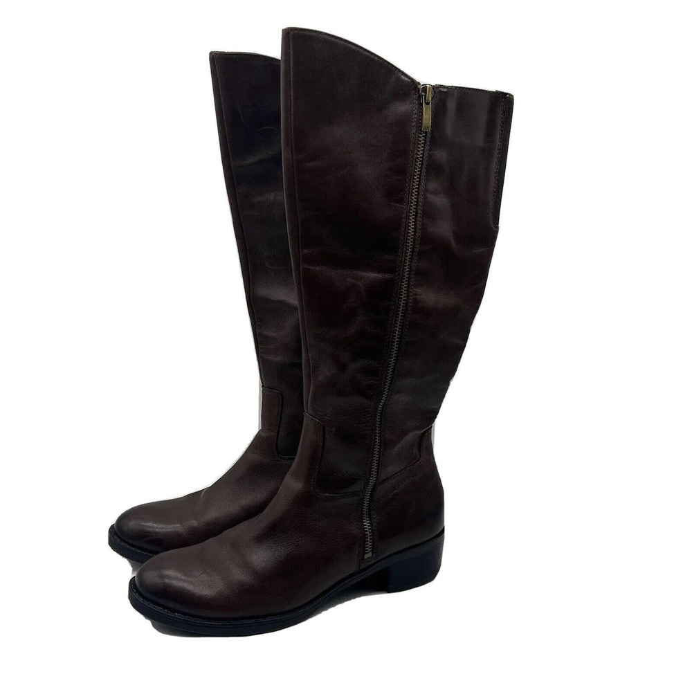 Franco Sarto Cecilia Brown Leather Knee High Zip Up Block Heels Boots Size 9.5 M